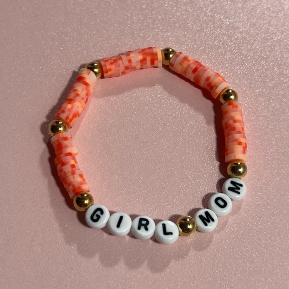 Coral and Gold “Girl Mom” Beaded Bracelet - Picture 2 of 3